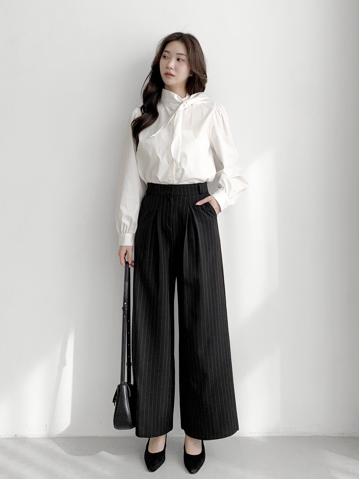 Striped High-Waisted Wide Slacks