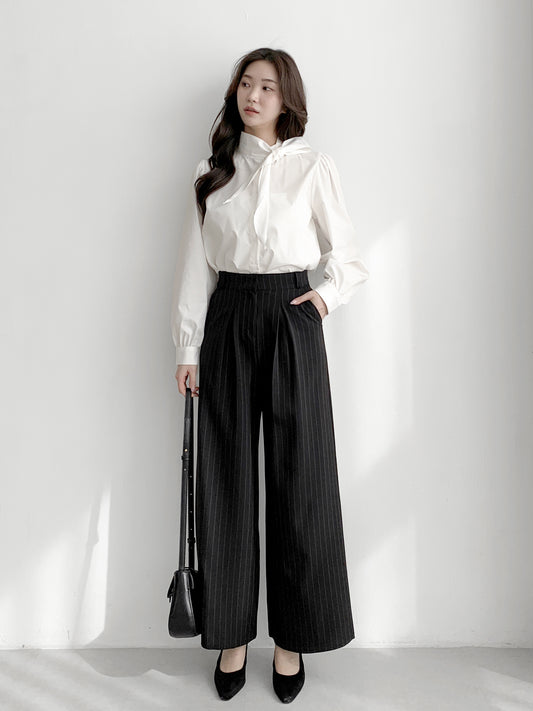Striped High-Waisted Wide Slacks