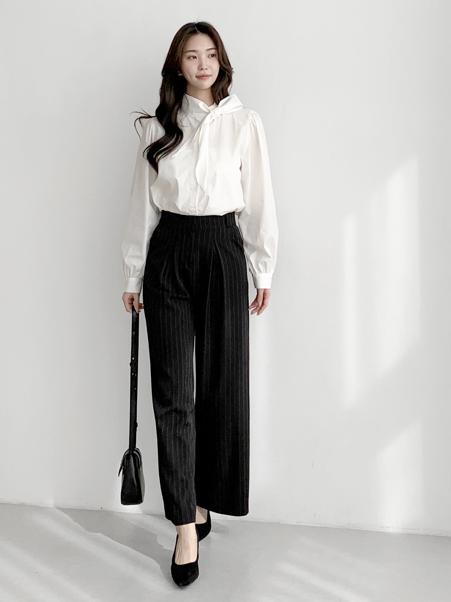 Striped High-Waisted Wide Slacks