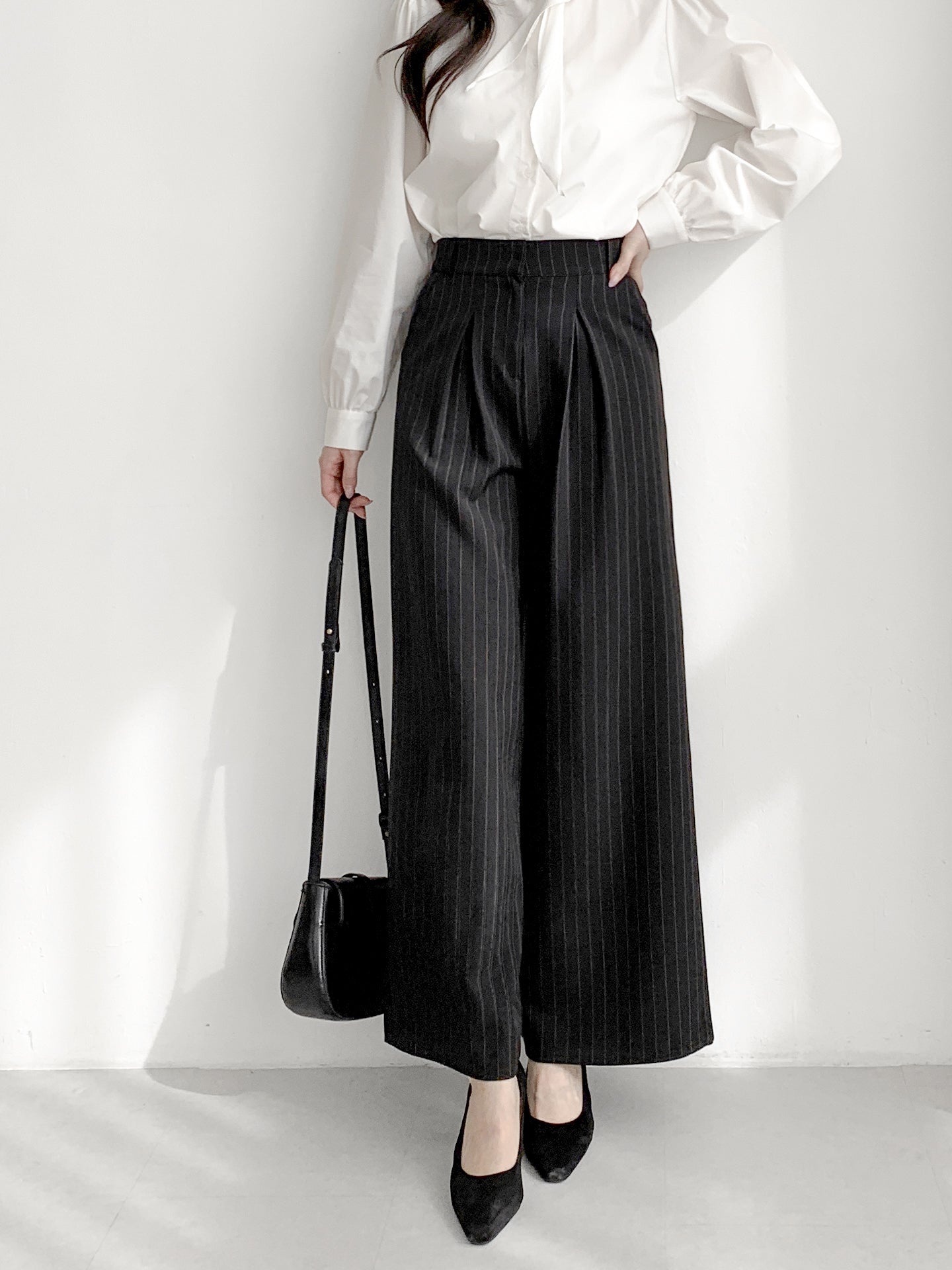 Striped High-Waisted Wide Slacks