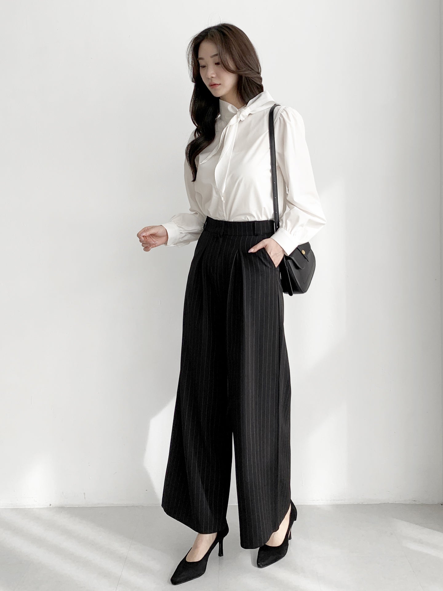 Striped High-Waisted Wide Slacks