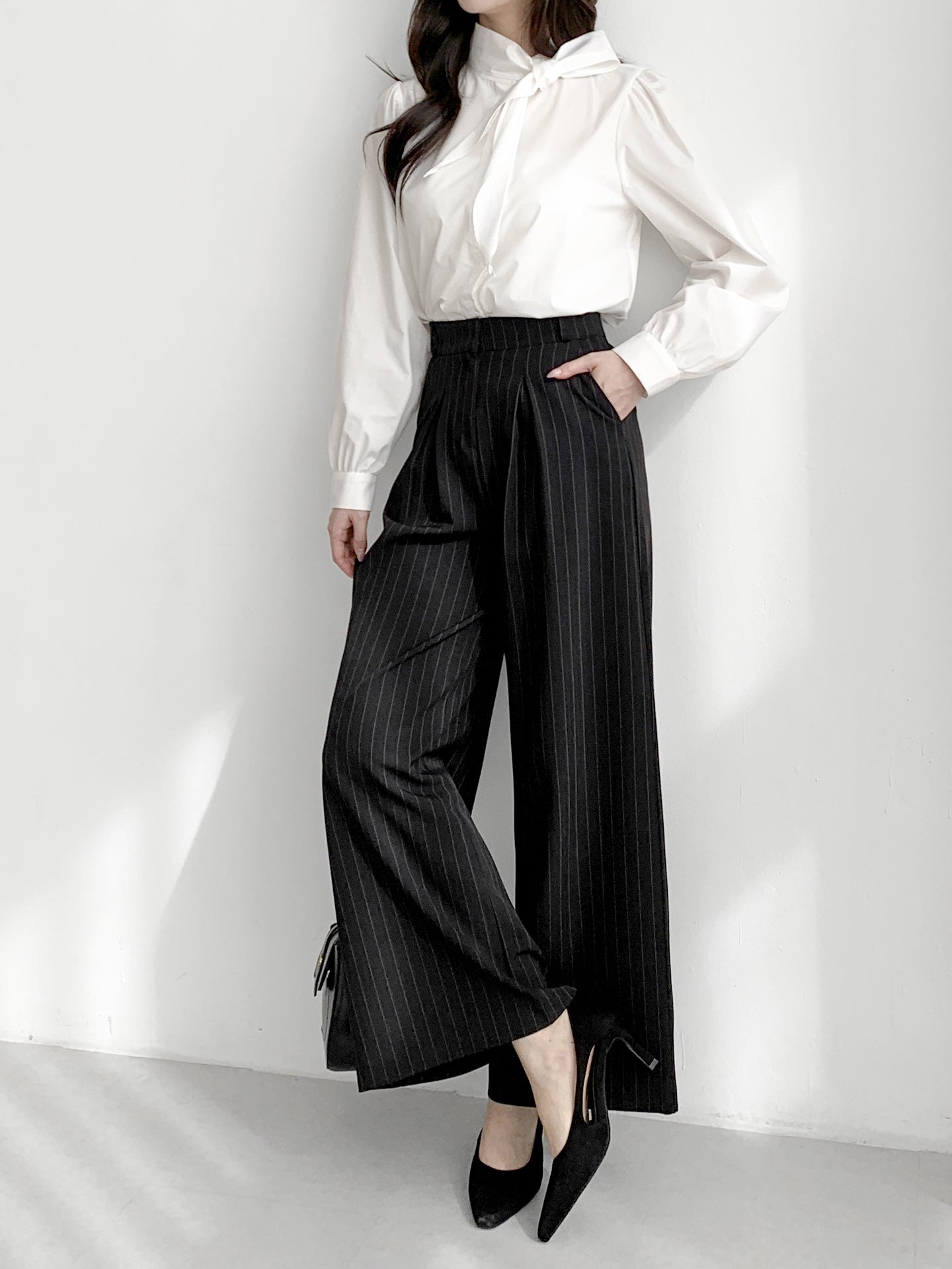 Striped High-Waisted Wide Slacks