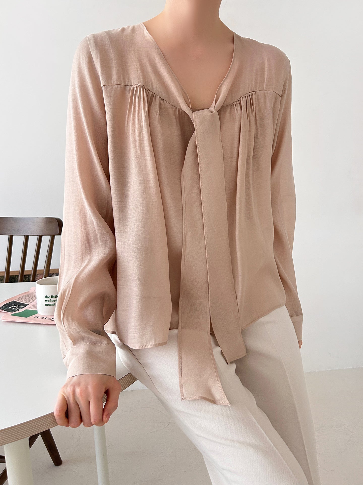 V-neck Tie Long Sleeve Blouse