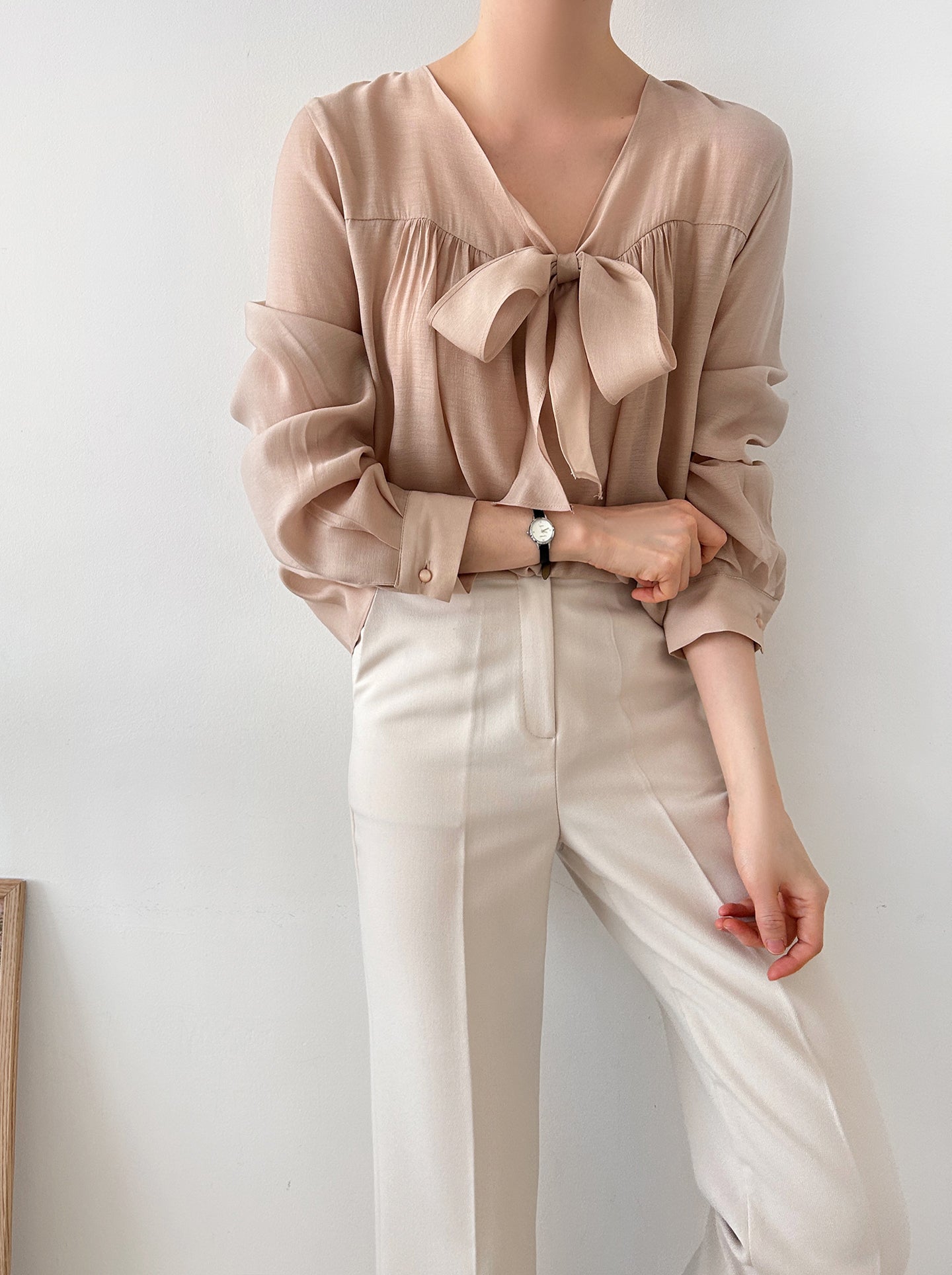V-neck Tie Long Sleeve Blouse