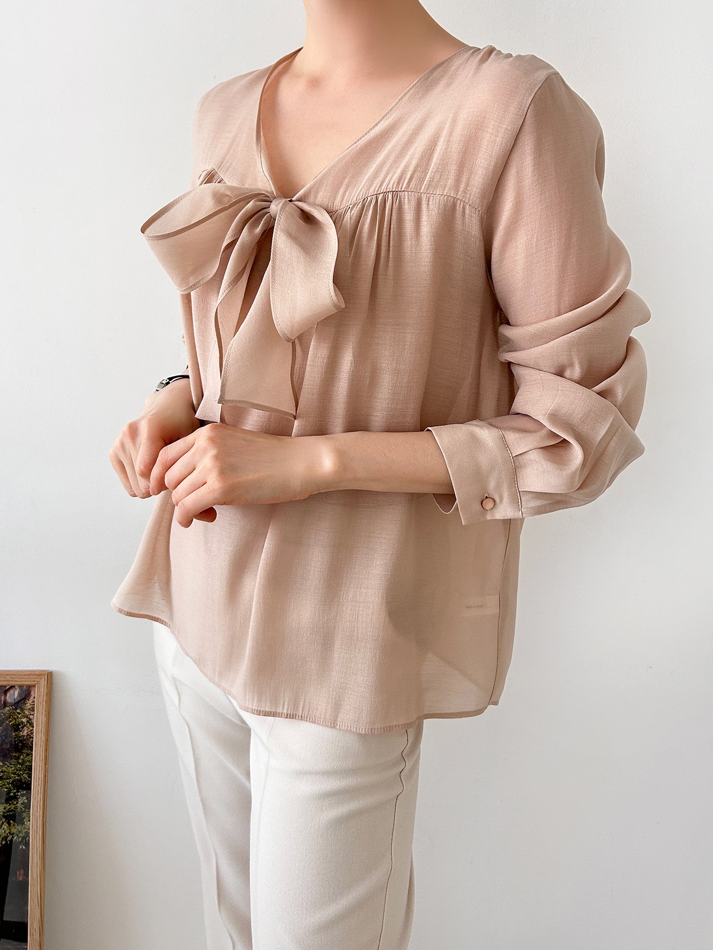 V-neck Tie Long Sleeve Blouse