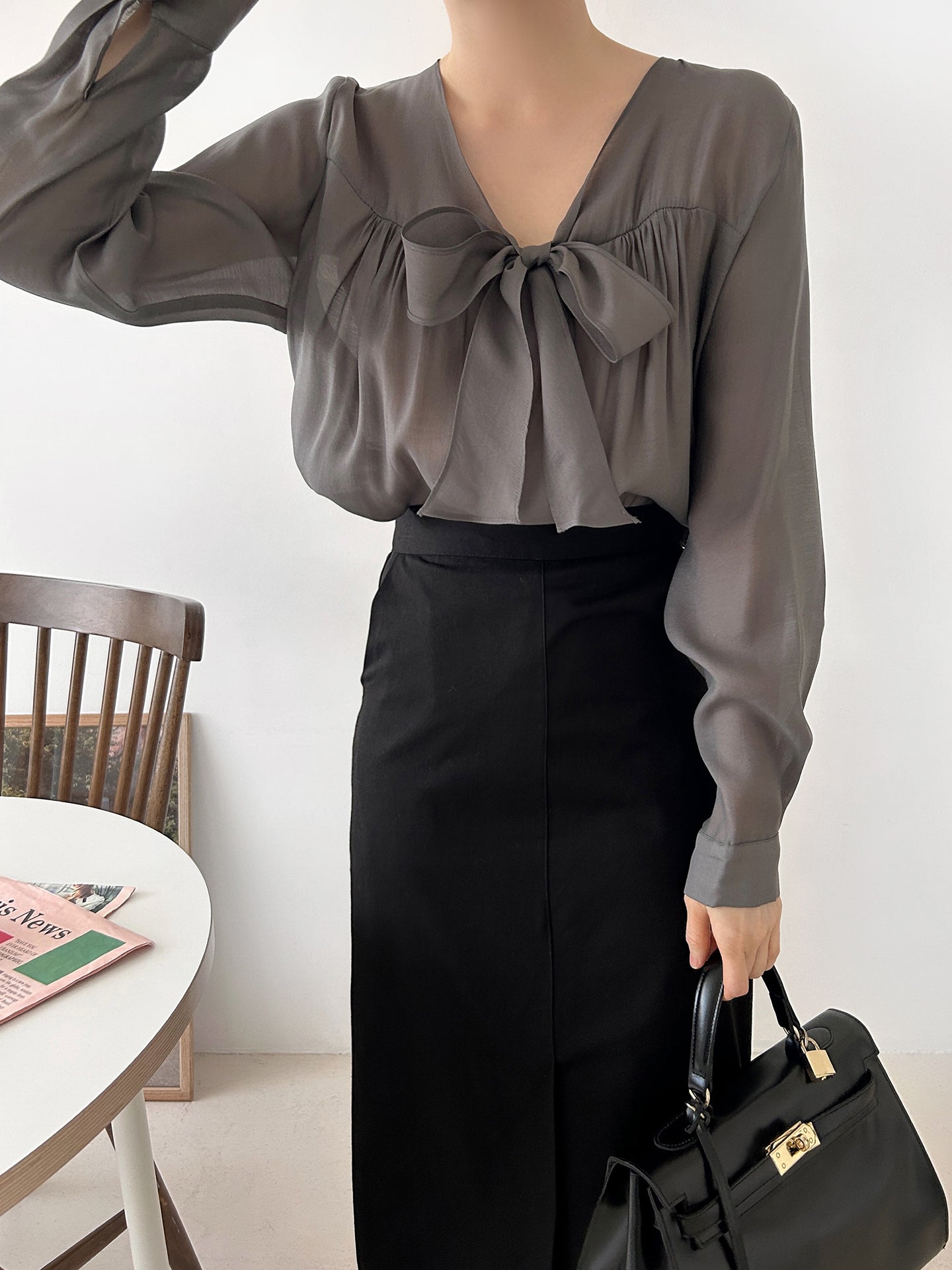V-neck Tie Long Sleeve Blouse