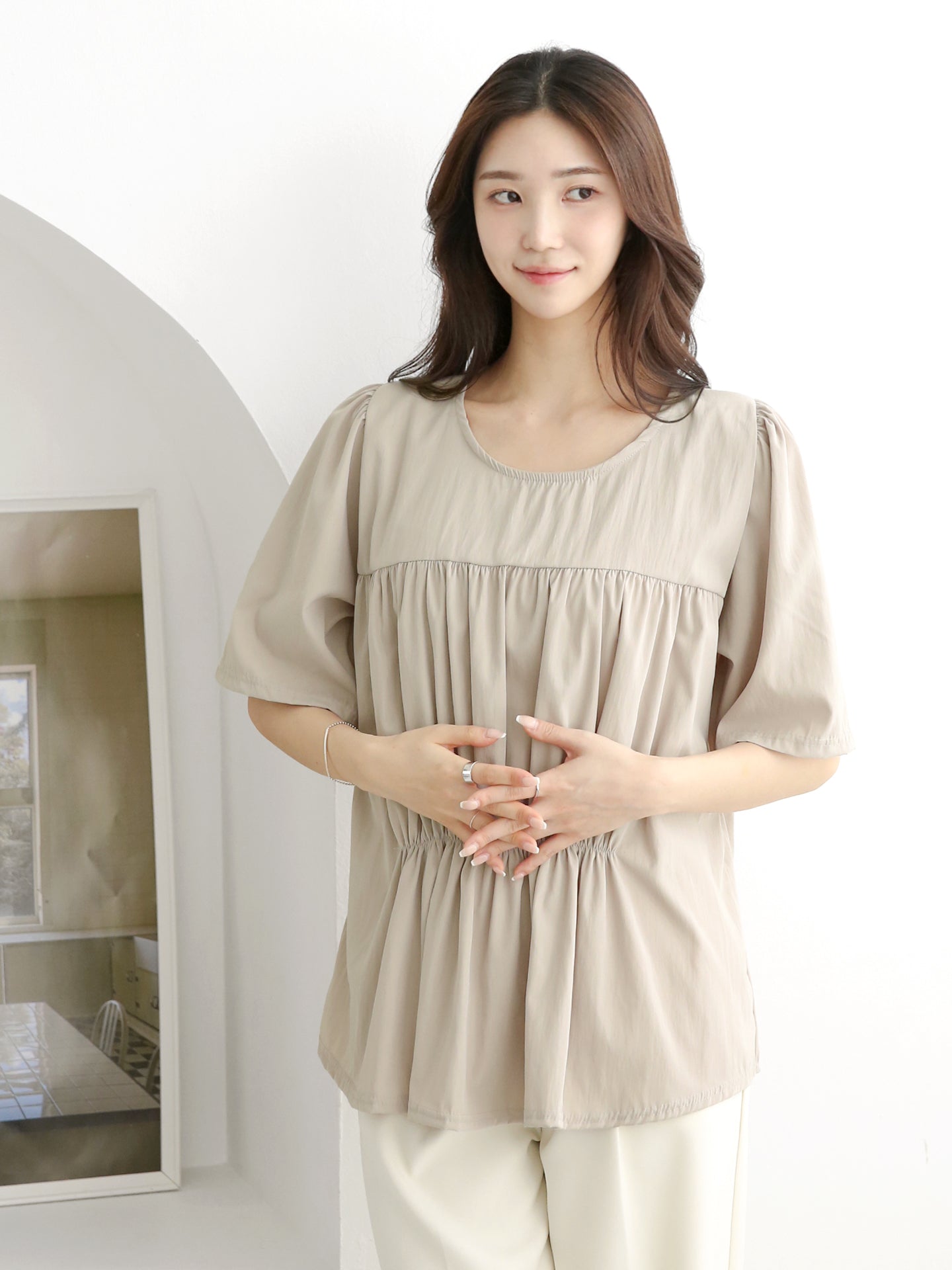 Double Shirring Short-Sleeve Blouse