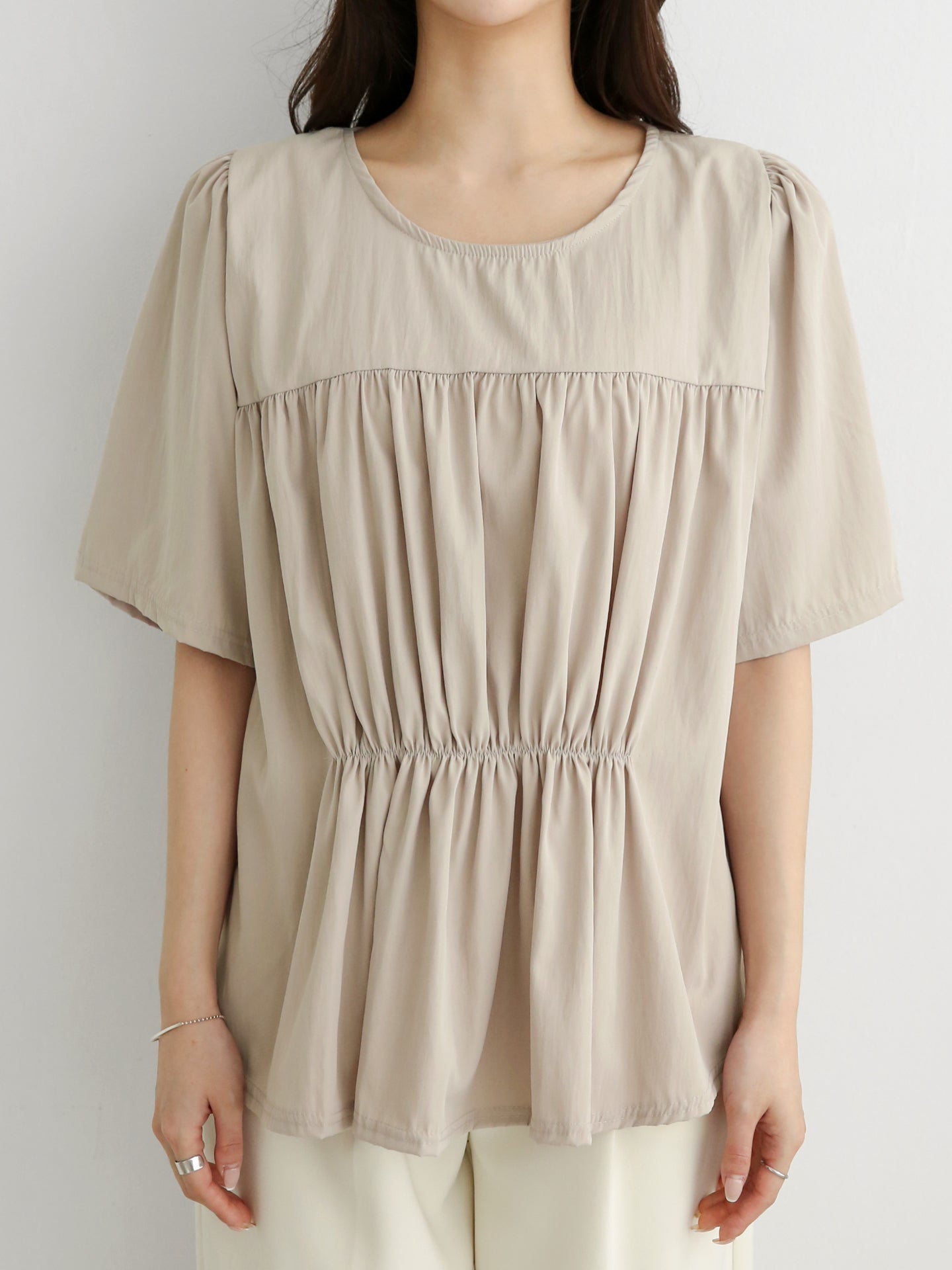 Double Shirring Short-Sleeve Blouse