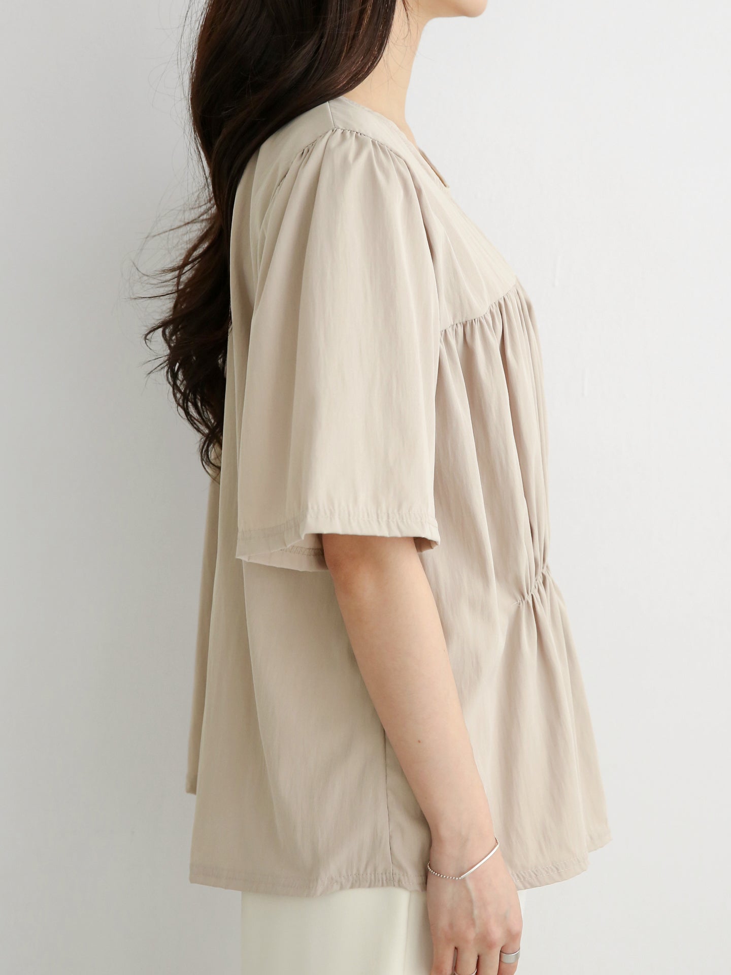 Double Shirring Short-Sleeve Blouse